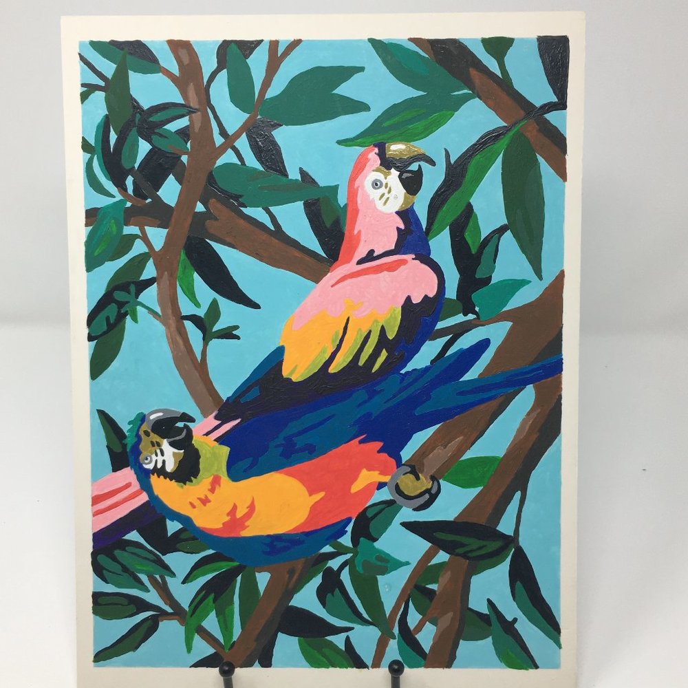 Two Parrots Tropical Folk Art Completed Paint by Number Wall Art